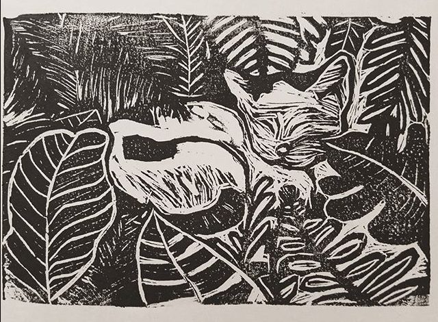 Jungle Cat. 2017. Rubber block print on paper. 4 x 6 in / 10.16 x 15.24 cm