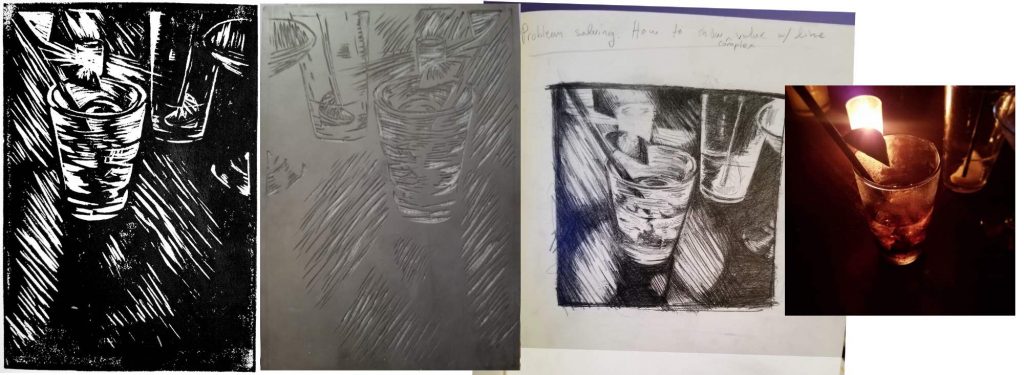 This one was a personal challenge. I wanted to see if I could capture the complex values of my somewhat-hazy photo, with only black and white values. The pencil drawing was key in figuring out the strokes and lighting.