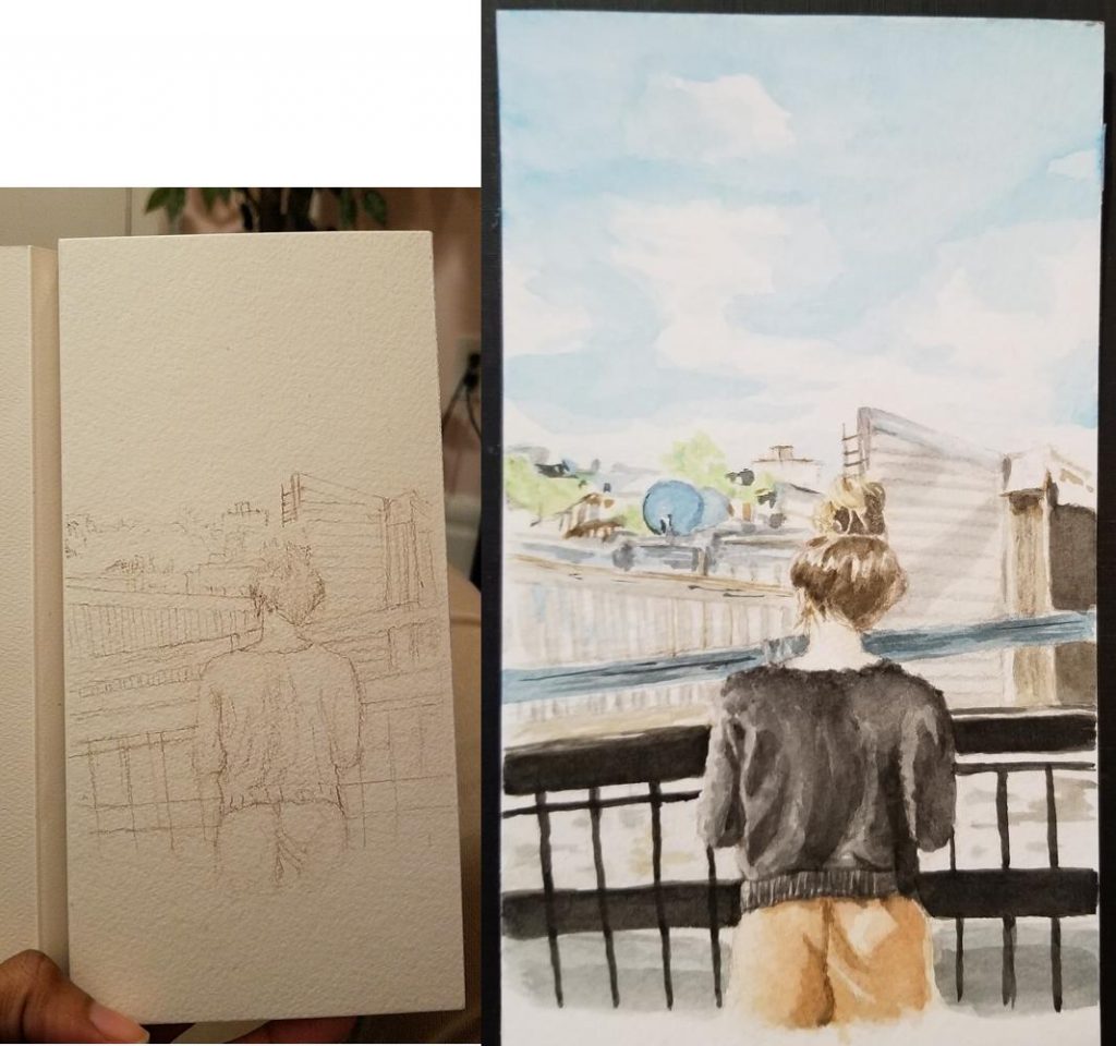 A small sketch of my friend on her apartment's rooftop.