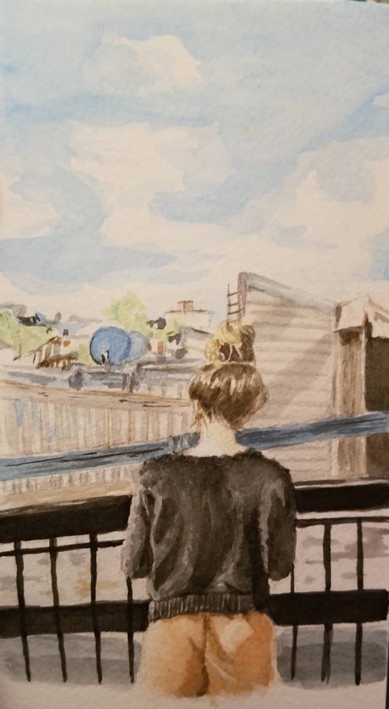 Rachel on the Rooftop. 2017. Watercolor on paper. 8 x 4 in / 20.32 x 10.16 cm